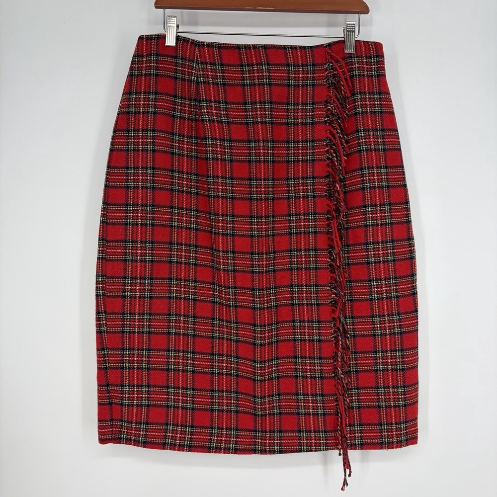 Vtg Requirements Skirt‎ 16 Red Plaid Wool Blend Blanket Fringe Preppy Holiday L